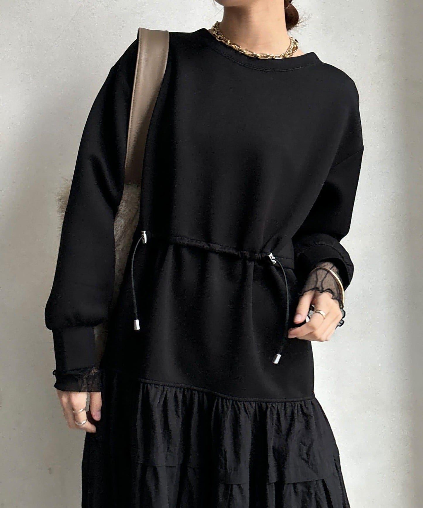 腰部抽繩拼接連衣裙