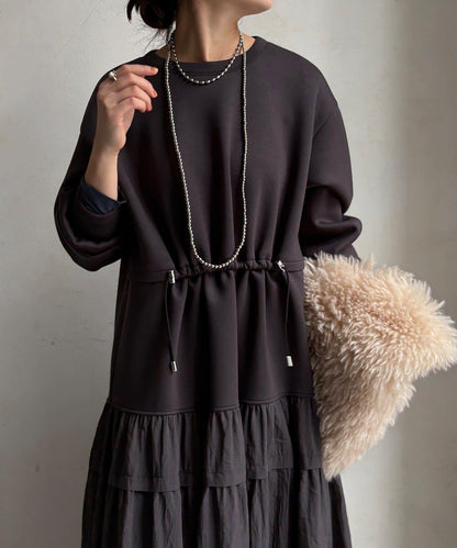 腰部抽繩拼接連衣裙