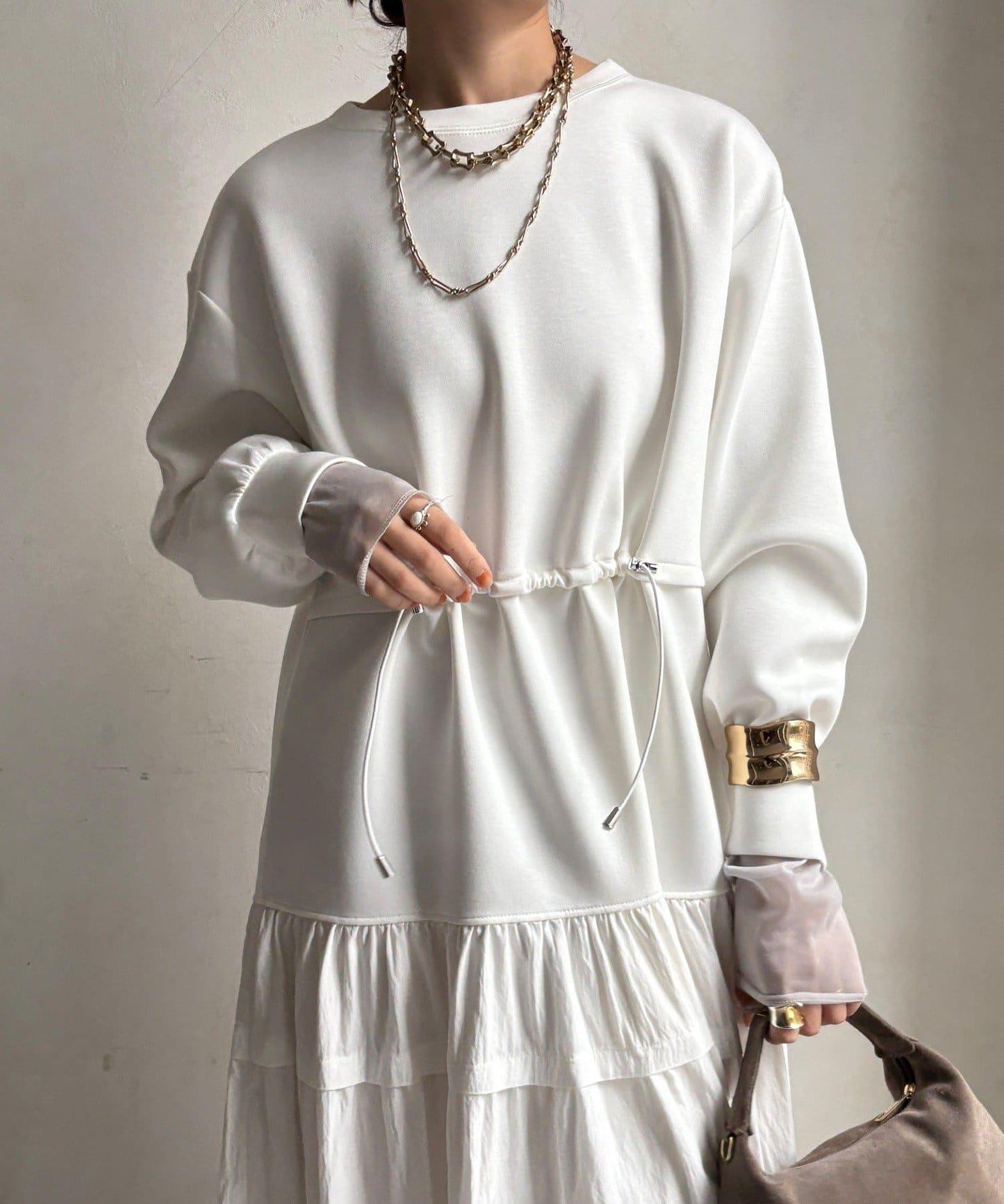 腰部抽繩拼接連衣裙