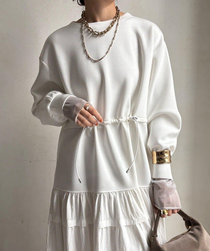 腰部抽繩拼接連衣裙