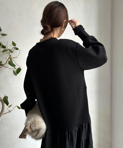 腰部抽繩拼接連衣裙