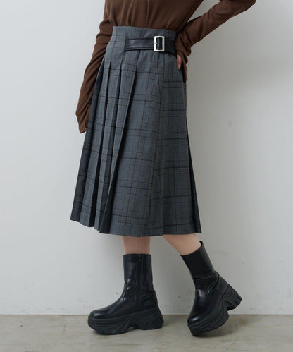 【格紋&純色/部分門店限定】腰帶褶皺中長裙
