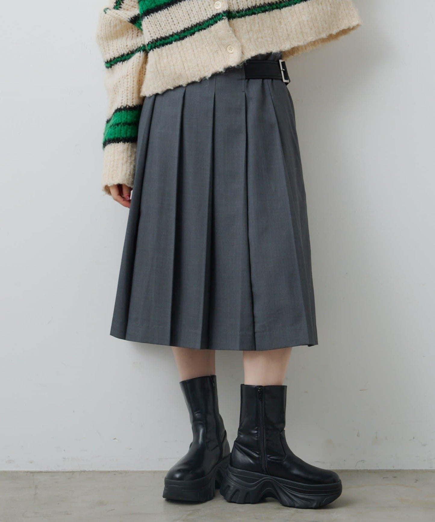 【格紋&純色/部分門店限定】腰帶褶皺中長裙