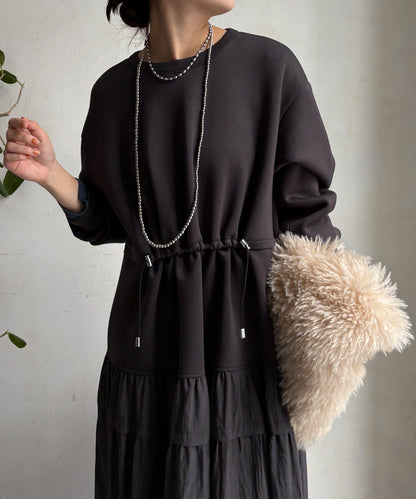 腰部抽繩拼接連衣裙