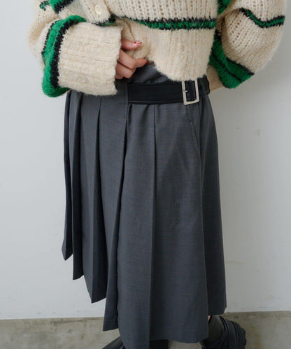 【格紋&純色/部分門店限定】腰帶褶皺中長裙