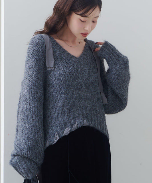 蝴蝶結帶裝飾低領短款針織衫