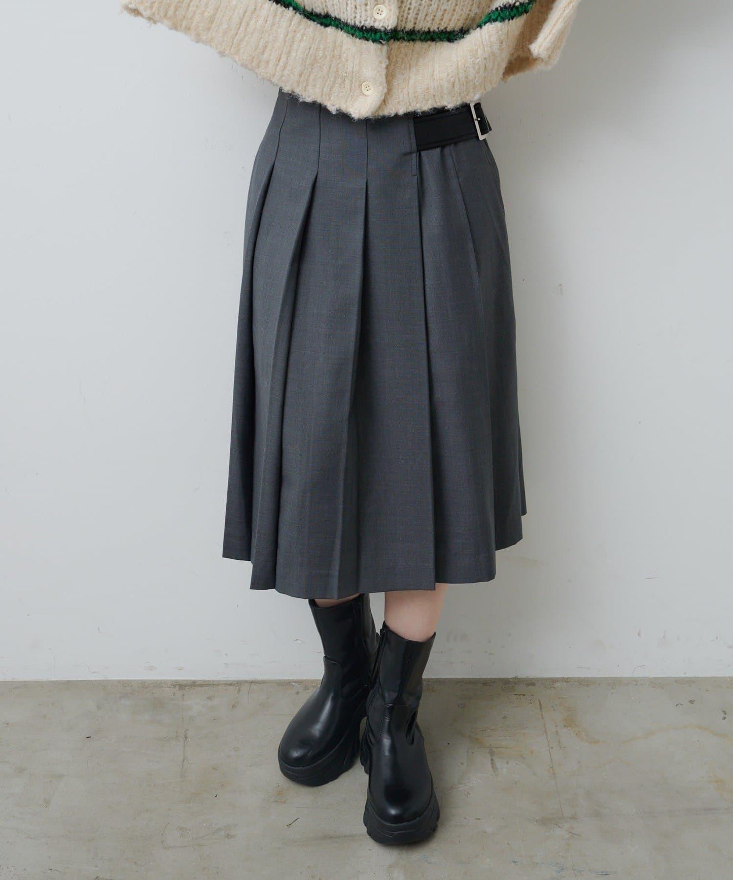 【格紋&純色/部分門店限定】腰帶褶皺中長裙