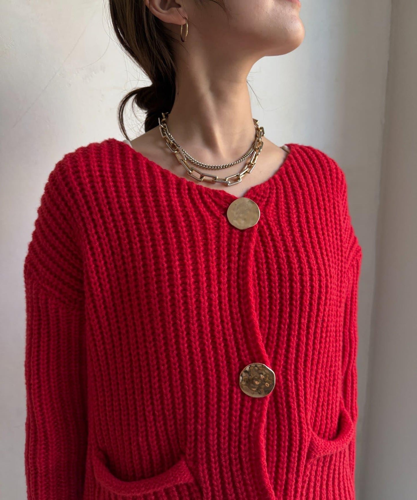 金屬大紐扣粗針織開衫