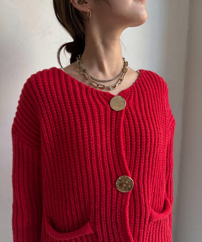 金屬大紐扣粗針織開衫