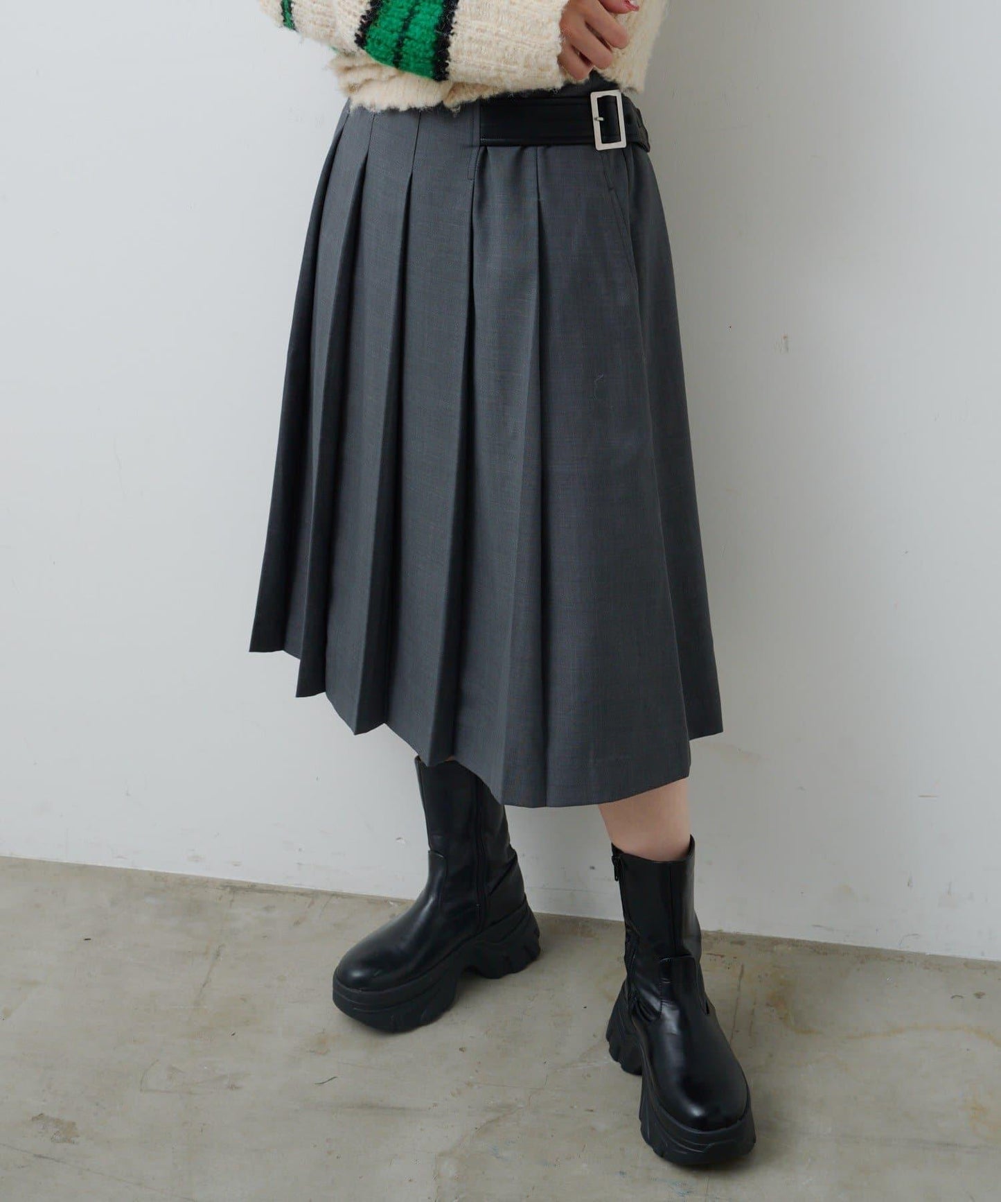 【格紋&純色/部分門店限定】腰帶褶皺中長裙