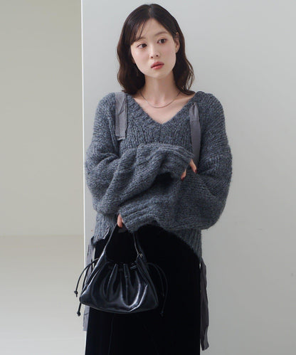 蝴蝶結帶裝飾低領短款針織衫