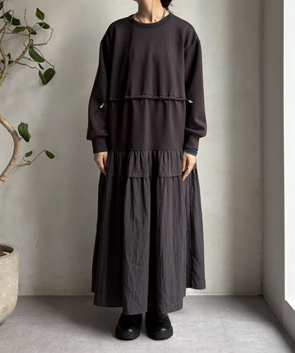 腰部抽繩拼接連衣裙