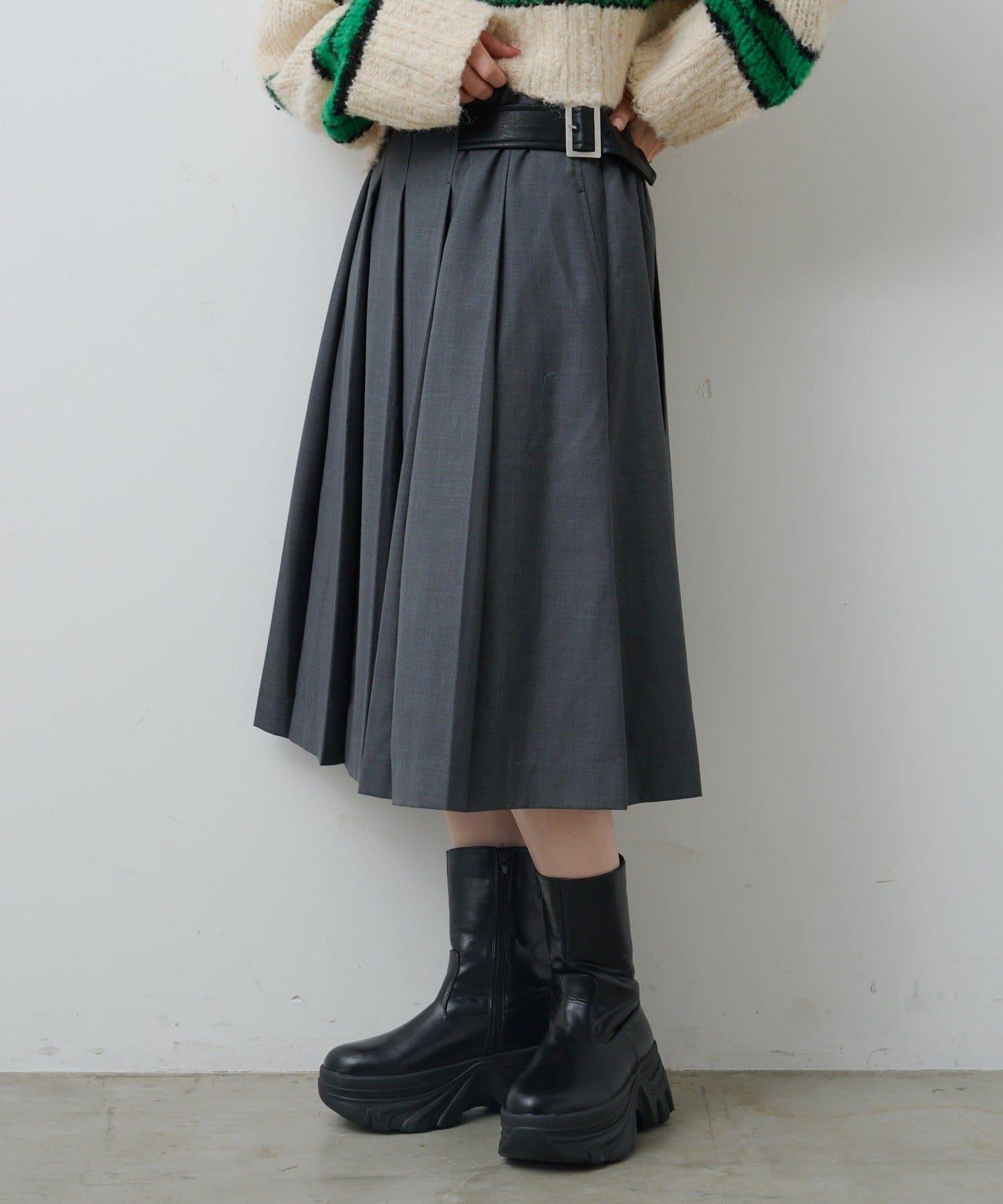 【格紋&純色/部分門店限定】腰帶褶皺中長裙