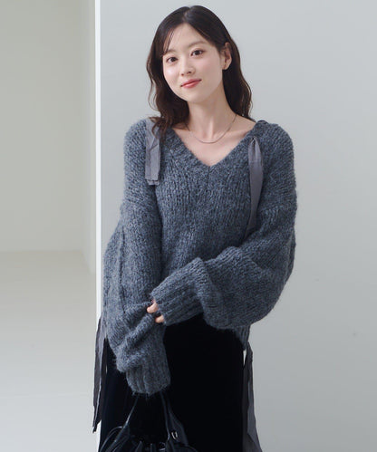 蝴蝶結帶裝飾低領短款針織衫