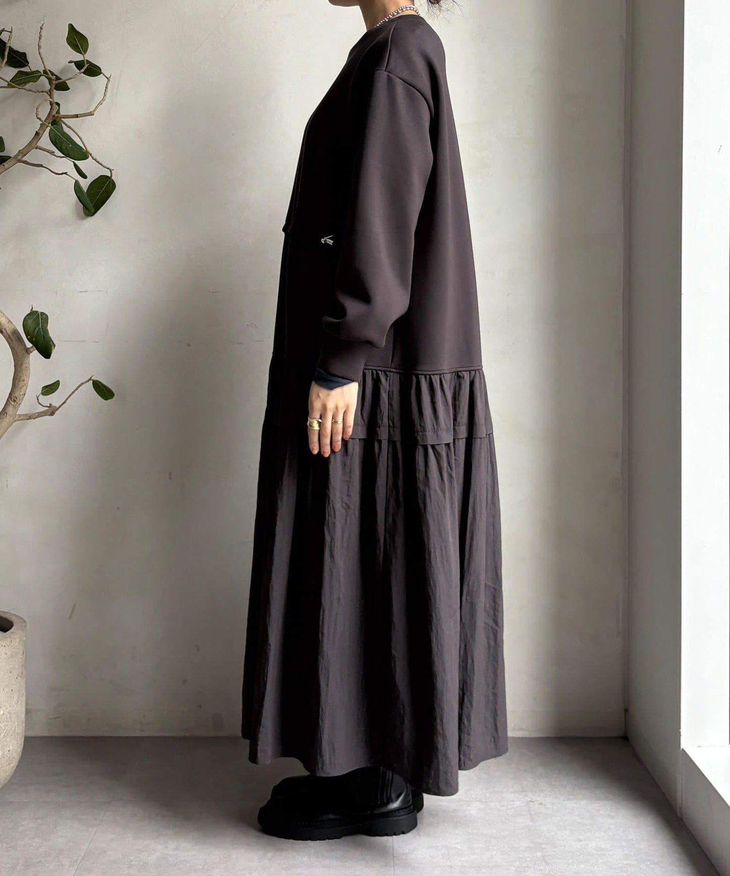 腰部抽繩拼接連衣裙