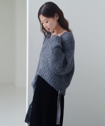 蝴蝶結帶裝飾低領短款針織衫