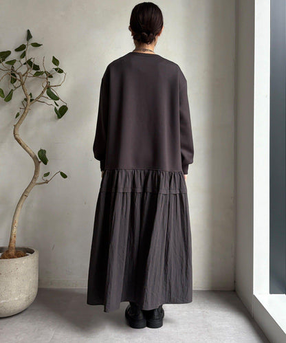 腰部抽繩拼接連衣裙