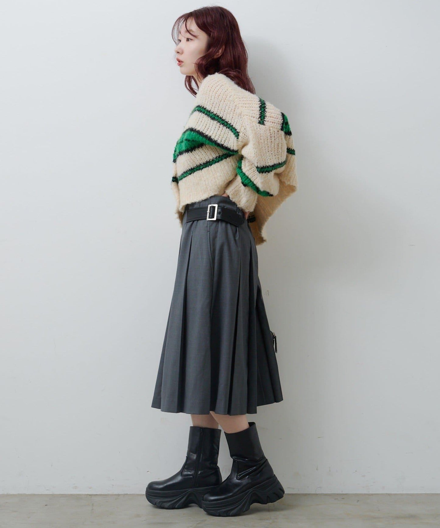 【格紋&純色/部分門店限定】腰帶褶皺中長裙