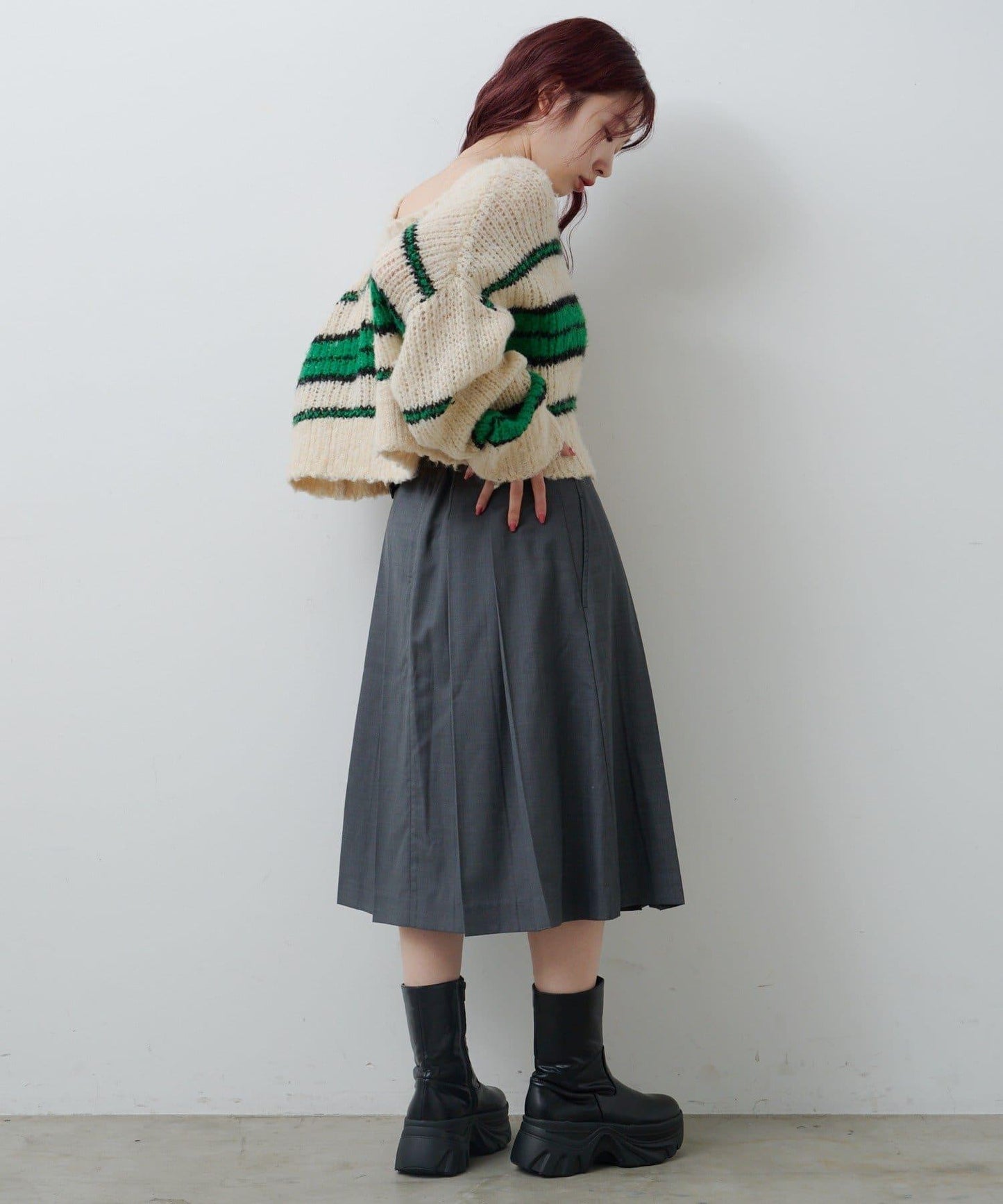 【格紋&純色/部分門店限定】腰帶褶皺中長裙