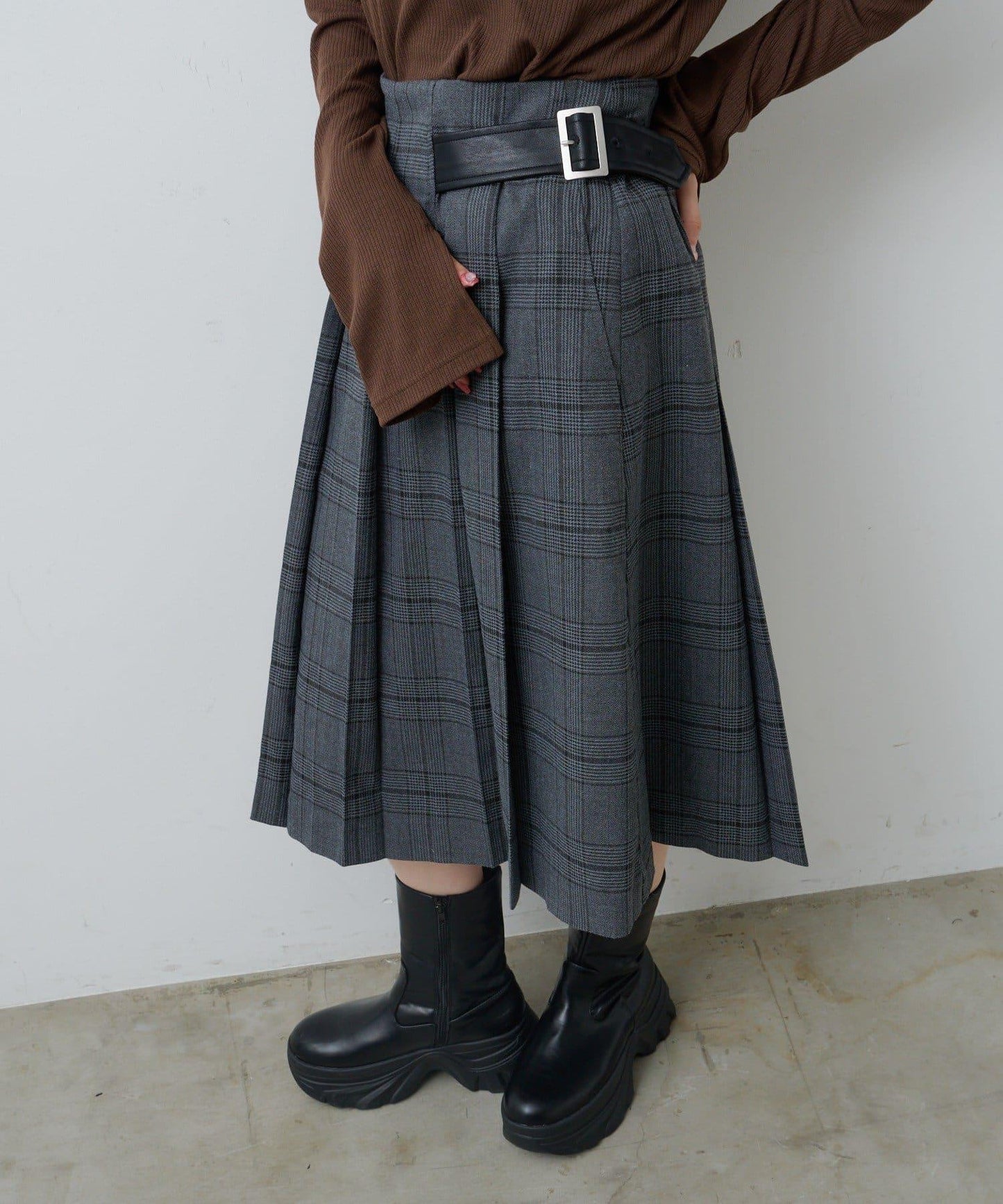 【格紋&純色/部分門店限定】腰帶褶皺中長裙