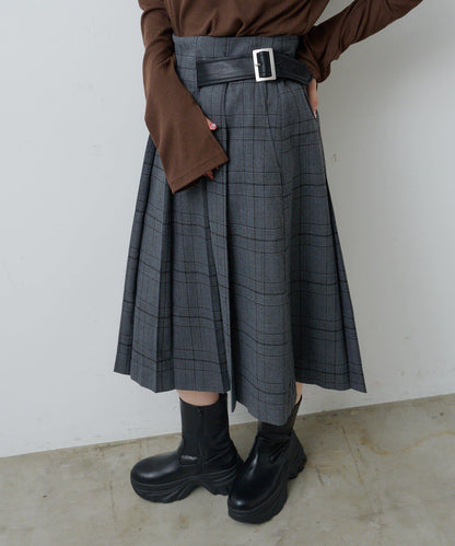 【格紋&純色/部分門店限定】腰帶褶皺中長裙