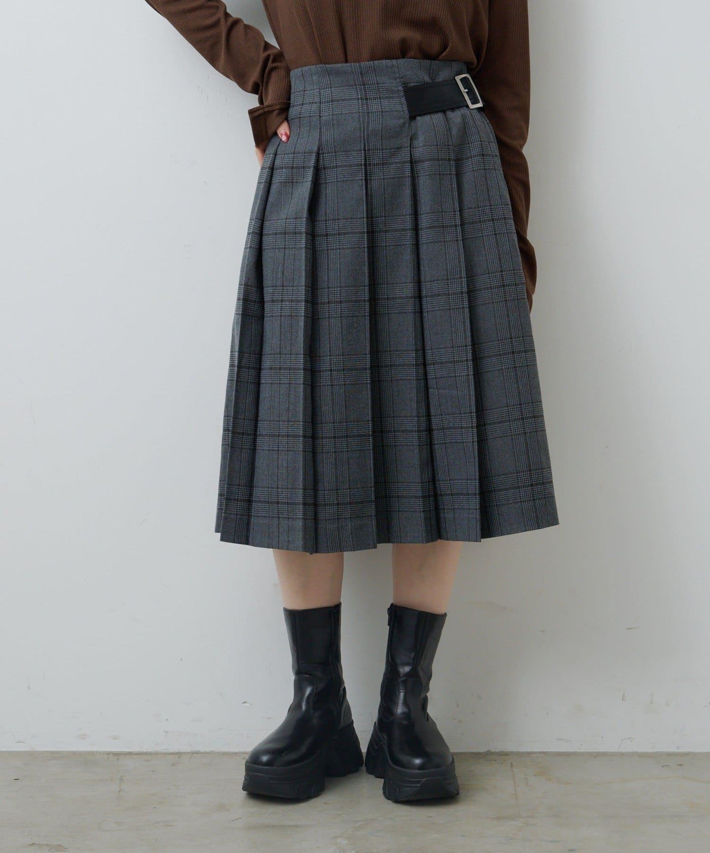 【格紋&純色/部分門店限定】腰帶褶皺中長裙