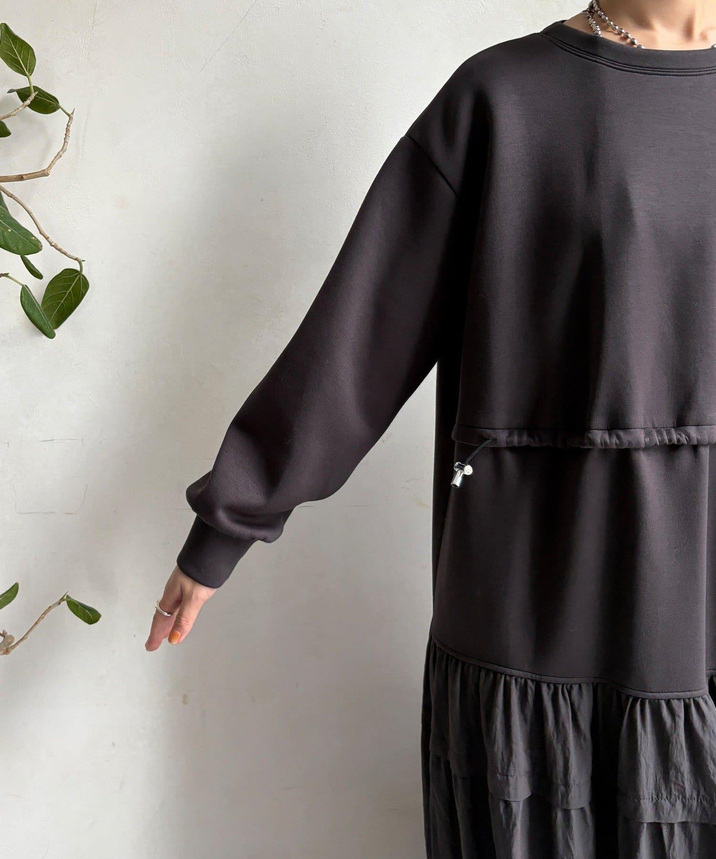 腰部抽繩拼接連衣裙