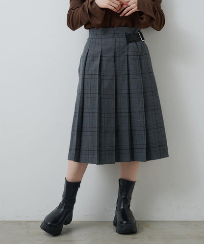 【格紋&純色/部分門店限定】腰帶褶皺中長裙