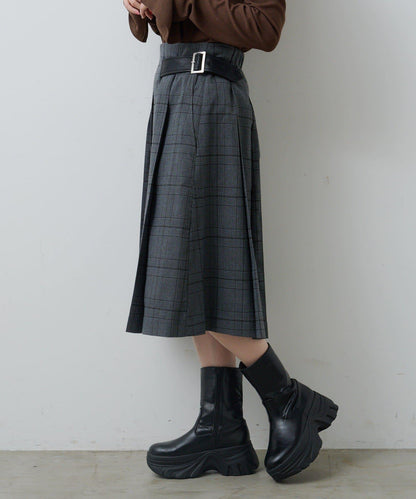 【格紋&純色/部分門店限定】腰帶褶皺中長裙