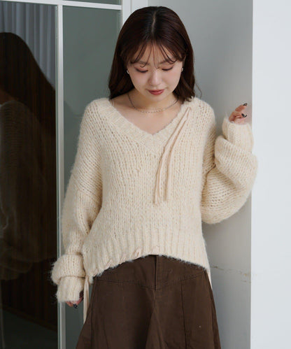 蝴蝶結帶裝飾低領短款針織衫