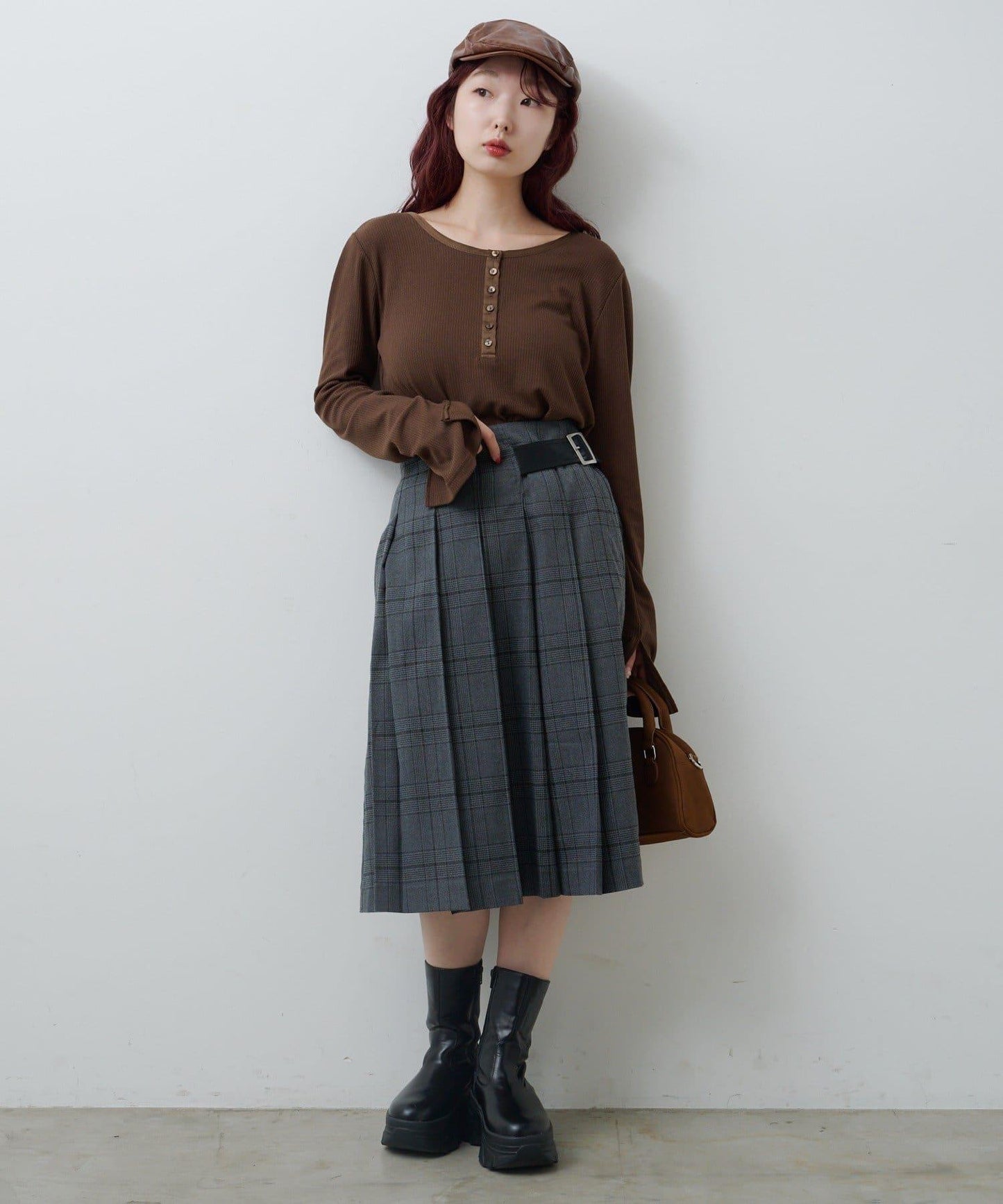 【格紋&純色/部分門店限定】腰帶褶皺中長裙
