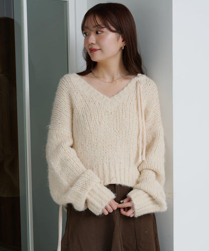 蝴蝶結帶裝飾低領短款針織衫