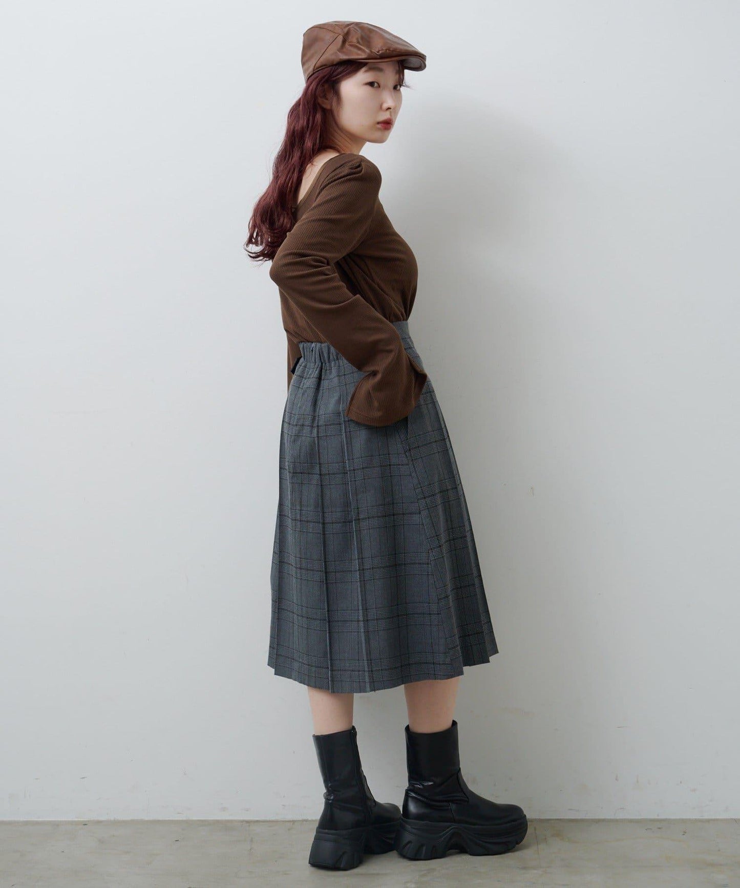 【格紋&純色/部分門店限定】腰帶褶皺中長裙