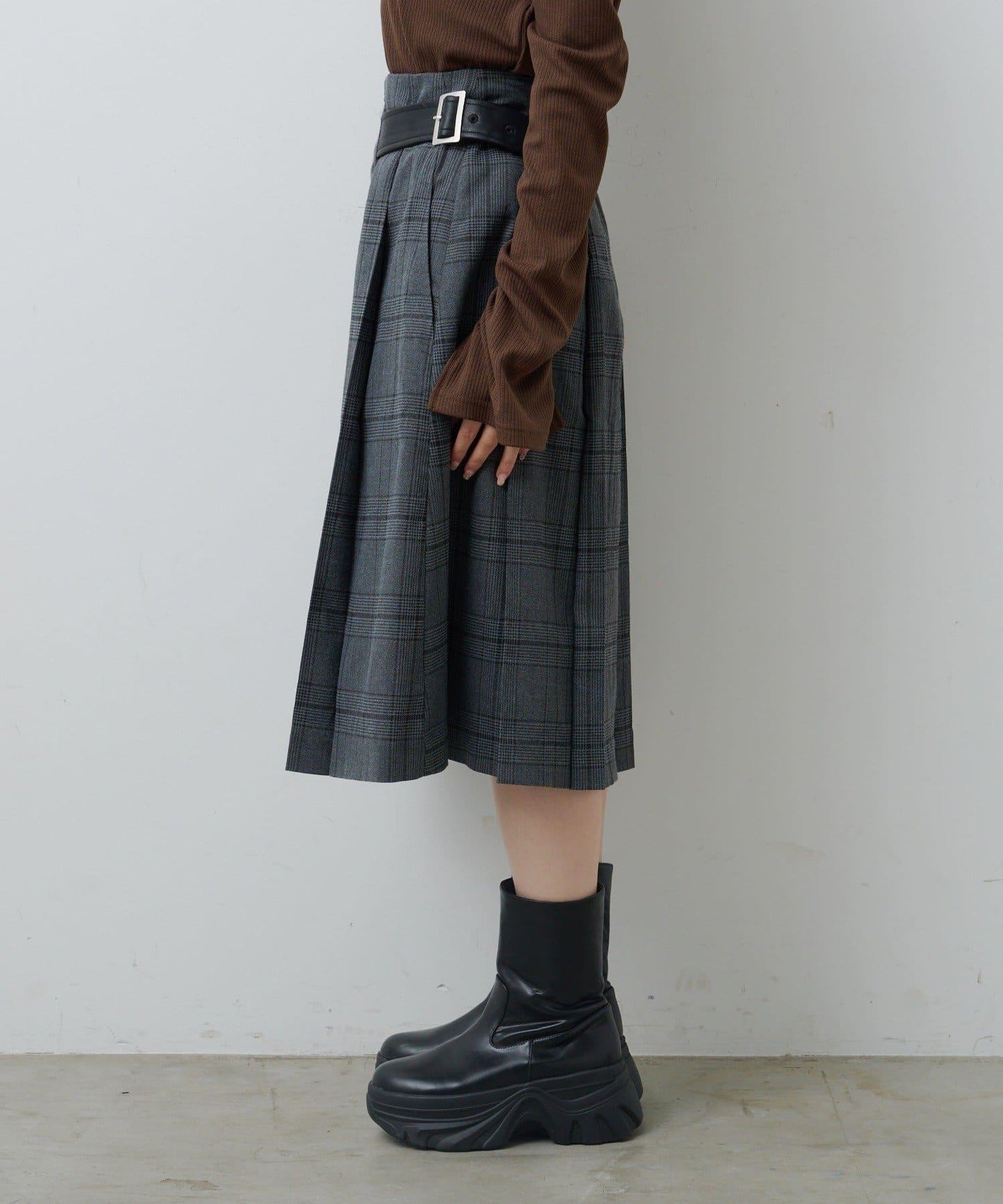 【格紋&純色/部分門店限定】腰帶褶皺中長裙