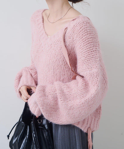 蝴蝶結帶裝飾低領短款針織衫