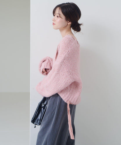 蝴蝶結帶裝飾低領短款針織衫