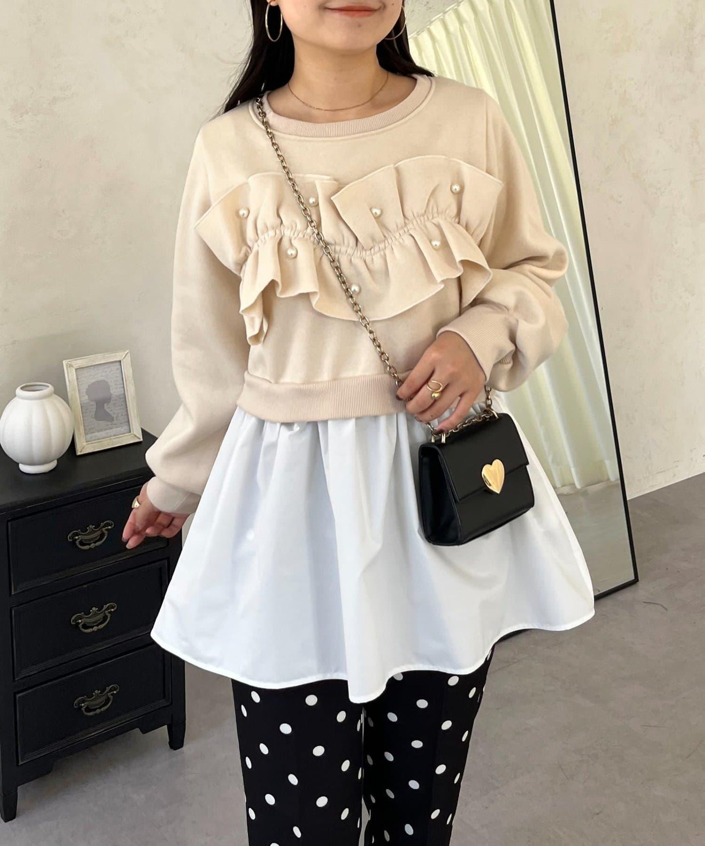 珍珠荷葉邊兩穿拼接衛衣