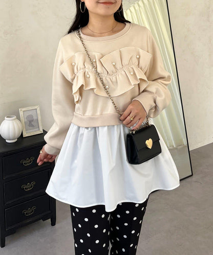 珍珠荷葉邊兩穿拼接衛衣