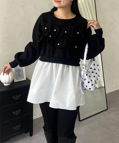 珍珠荷葉邊兩穿拼接衛衣