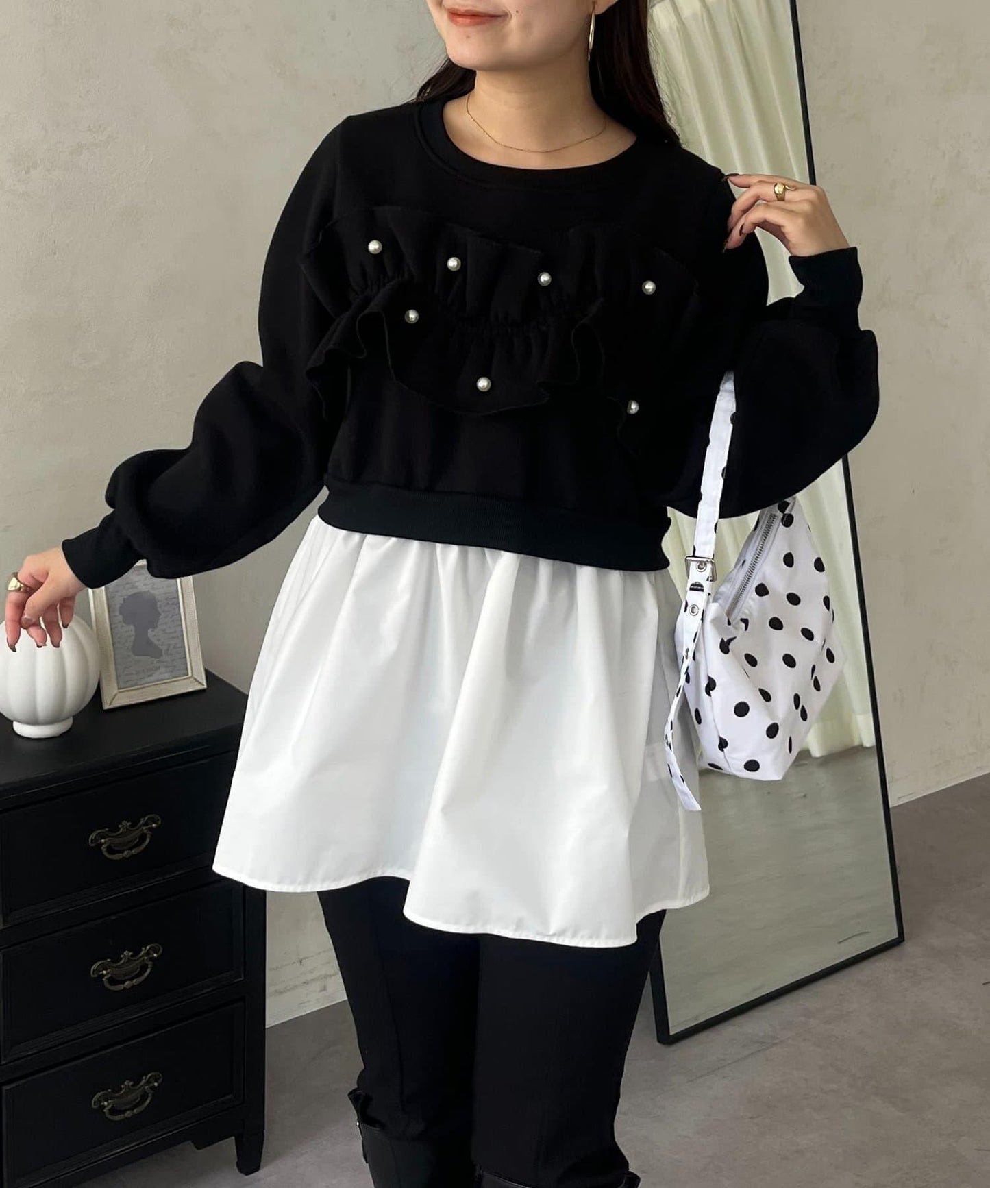 珍珠荷葉邊兩穿拼接衛衣