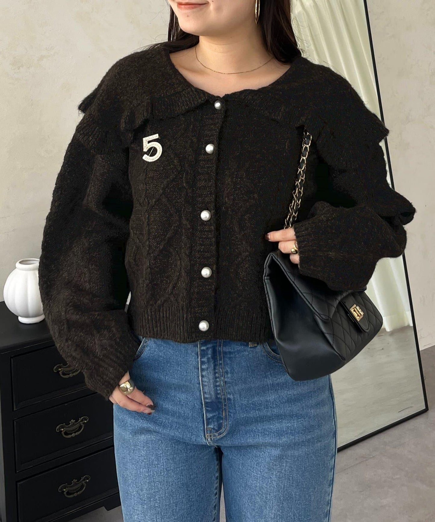 大翻領愛心圖案麻花針織開衫