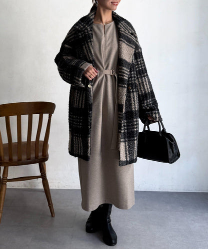 拼接袖呢料連衣裙