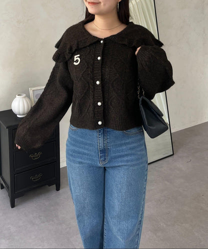 大翻領愛心圖案麻花針織開衫