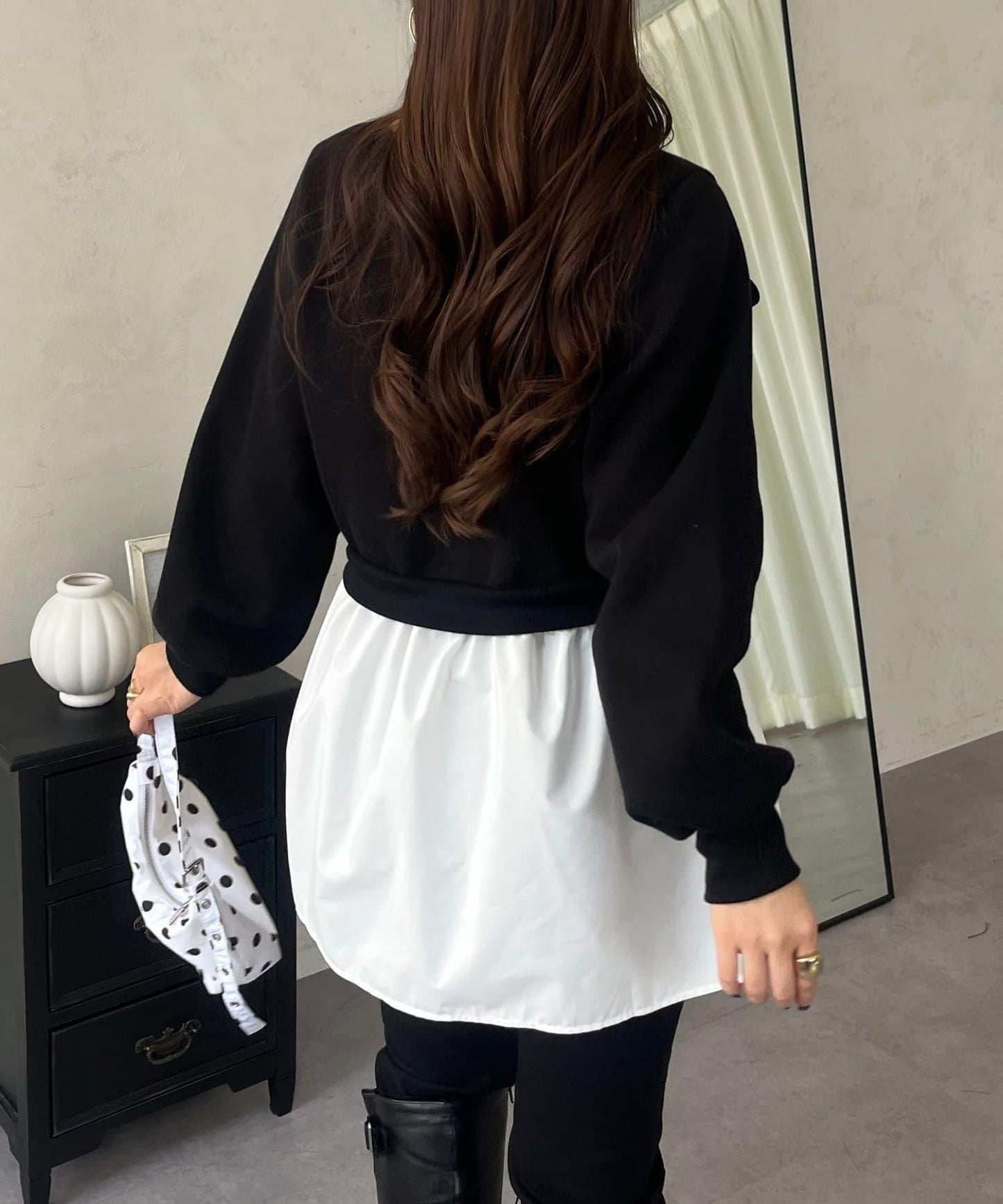 珍珠荷葉邊兩穿拼接衛衣