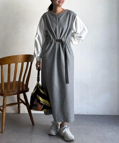 拼接袖呢料連衣裙