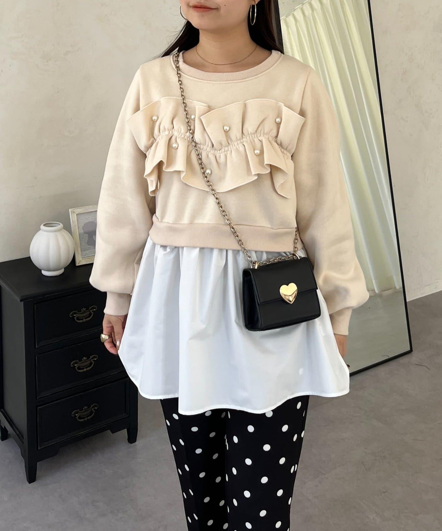 珍珠荷葉邊兩穿拼接衛衣