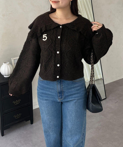 大翻領愛心圖案麻花針織開衫