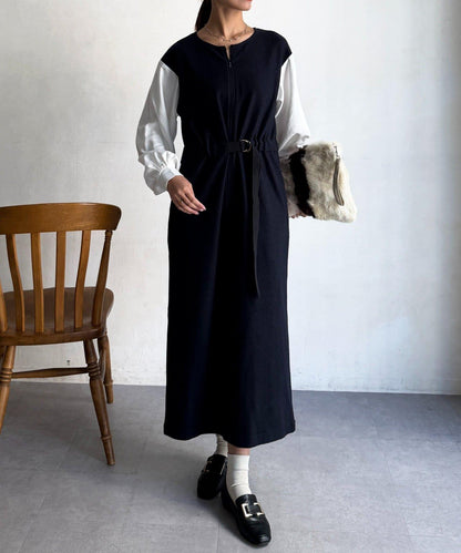 拼接袖呢料連衣裙