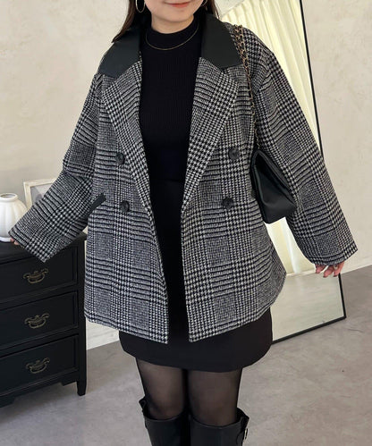 皮革領拼接內襯絎縫格紋大衣