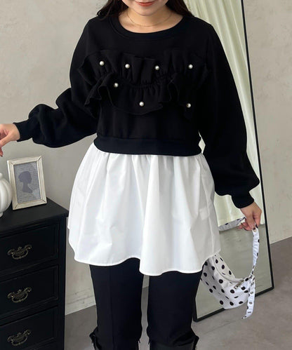 珍珠荷葉邊兩穿拼接衛衣